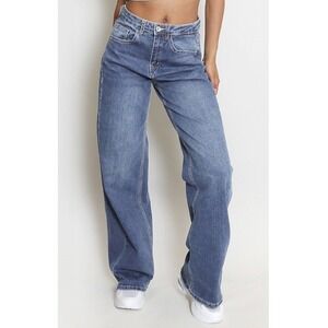 Katch Me Women's Washed Blue Mid-Rise Denim Stretchy Wide Leg Jean Size L NWT